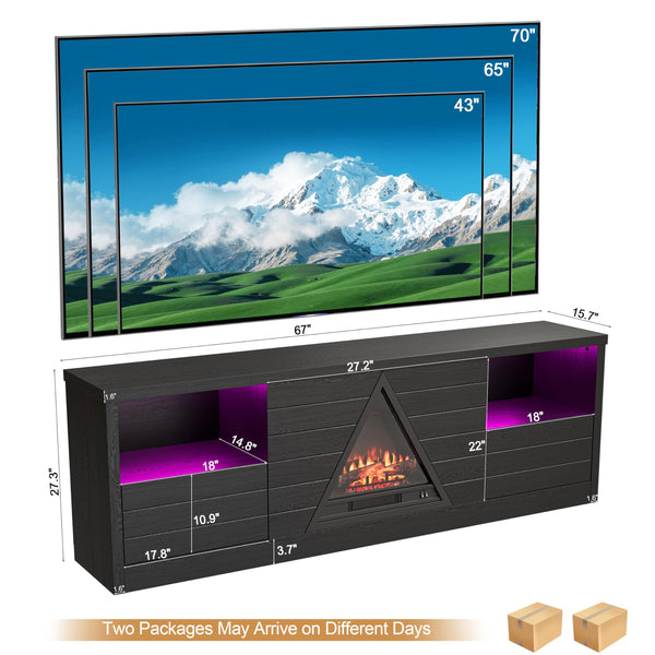 67" Fireplace TV Stand with LED Flame, Open Shelves & Drawers