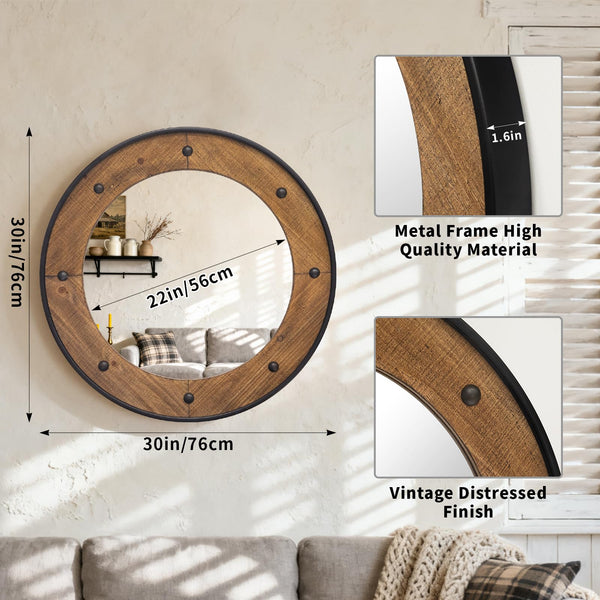 Round Wood Wall Mirror with Black Metal Frame