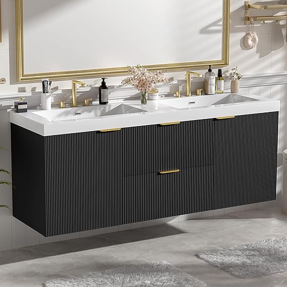 Floating Double Sink Bathroom Vanity with SMC Resin Top & Wood Cabinet