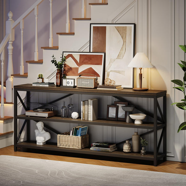 Industrial Console Sofa Table 70.8 Inch with 3-Tier Storage Shelf