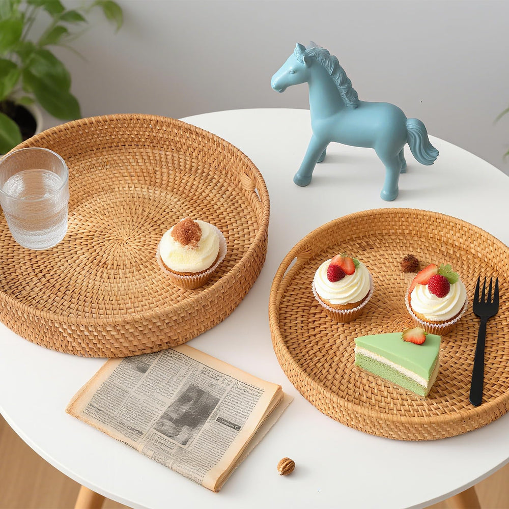 Round Rattan Serving Tray with Handles
