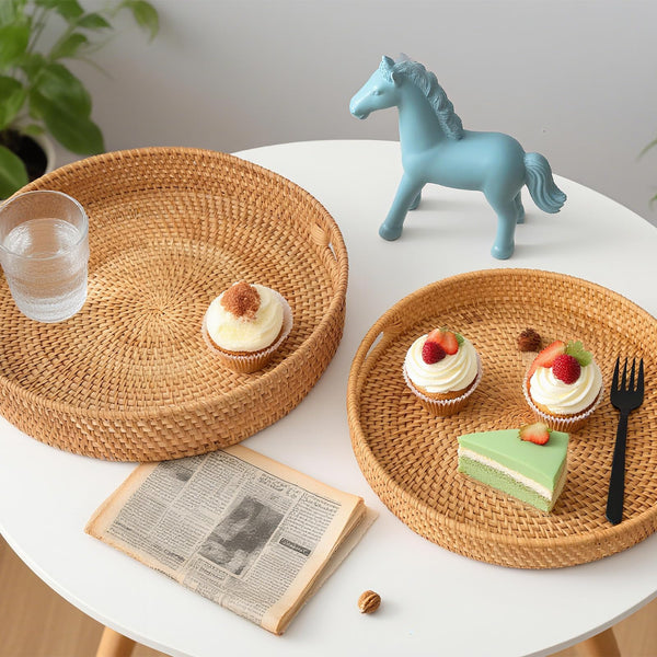 Round Rattan Serving Tray with Handles