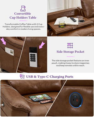 Electric Power Reclining Sectional Sofa with USB Charging & Cup Holders