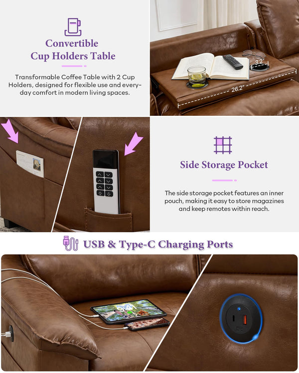 Electric Power Reclining Sectional Sofa with USB Charging & Cup Holders