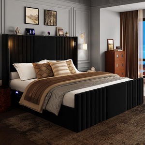 Wingback Velvet Platform Bed with Reading Lights & Charging Station
