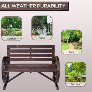 Rustic Wagon Wheel Outdoor Wood Bench – 2-Person Slatted Seat with Backrest