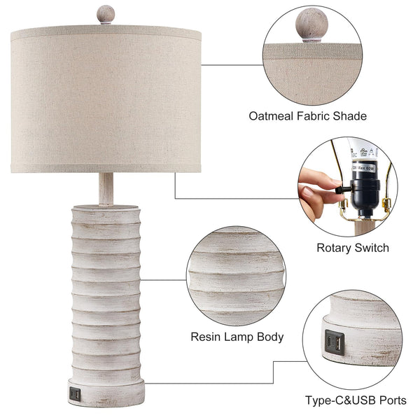 Farmhouse Table Lamps Set of 2 with USB Ports – Rustic Bedside & Living Room Lighting