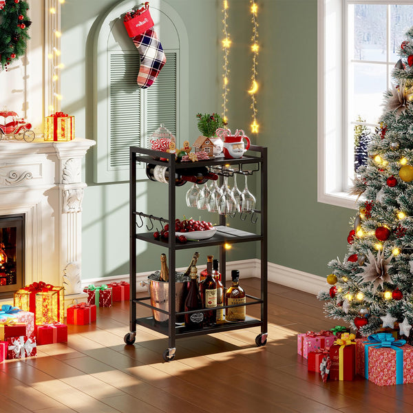 3-Tier Bar Cart with Wine Rack, Glass Holder & S-Hooks