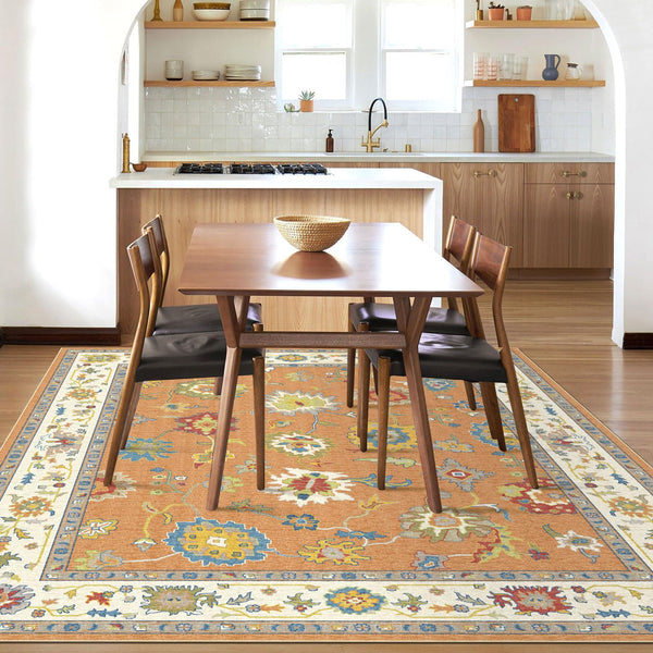 Oushak Washable Area Rug – Orange Ochre Floral, Non-Slip, Machine Washable