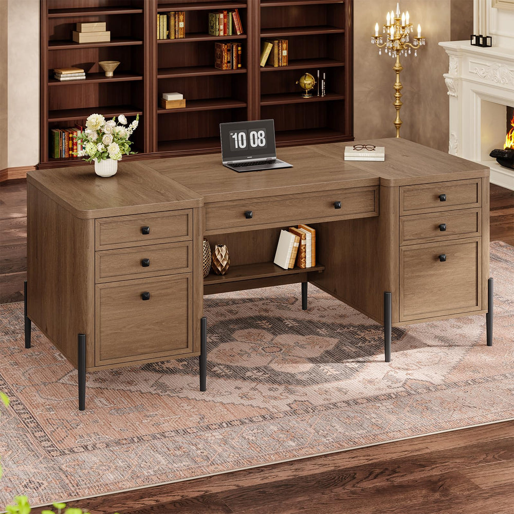 63-Inch Executive Desk with Drawers, Keyboard Tray & Storage Cabinets