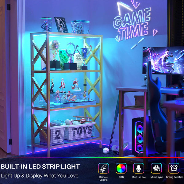4-Tier Glass Bookshelf with LED Lights