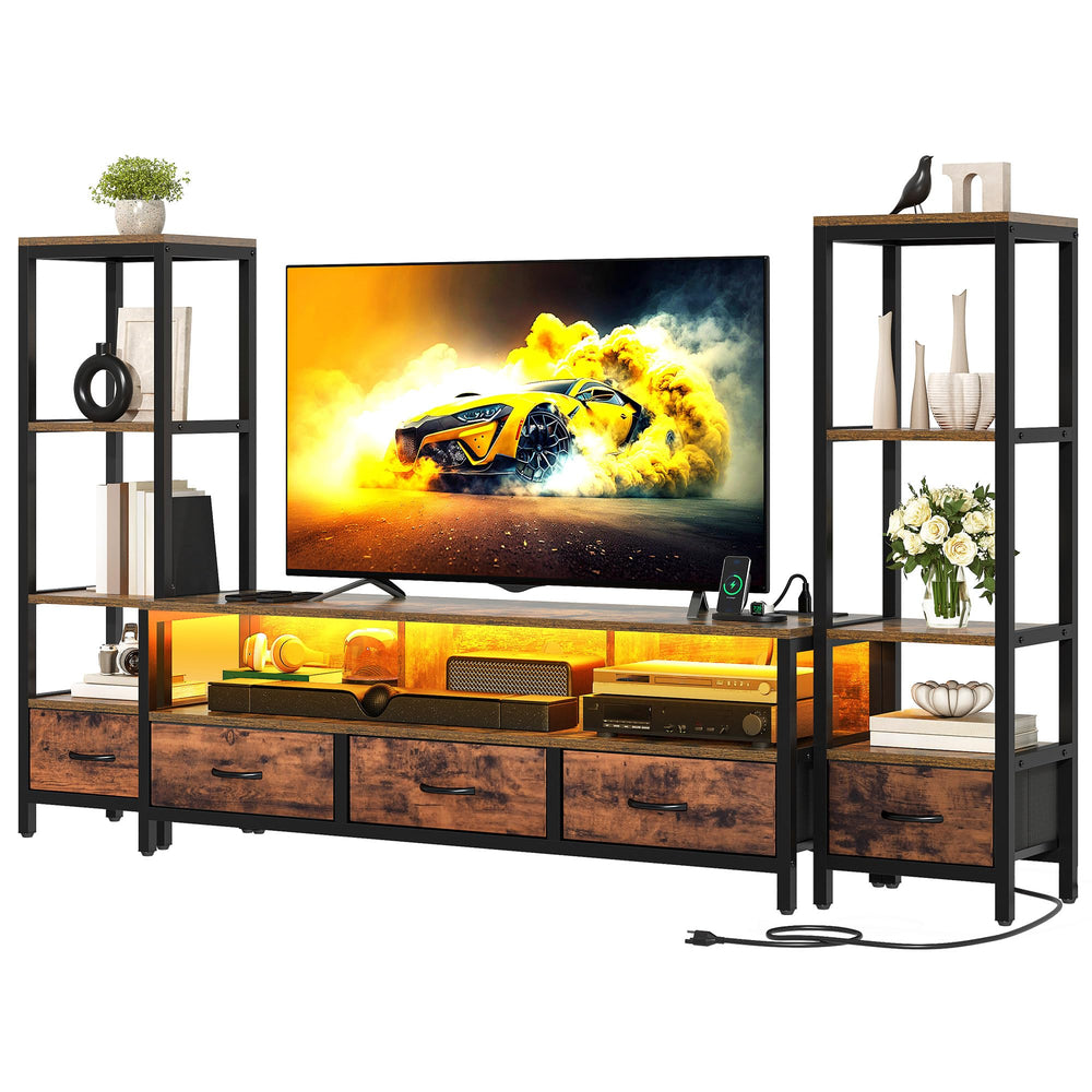 TV Stand with Bookshelves, LED Lights & Power Outlets – Fits up to 65" TV