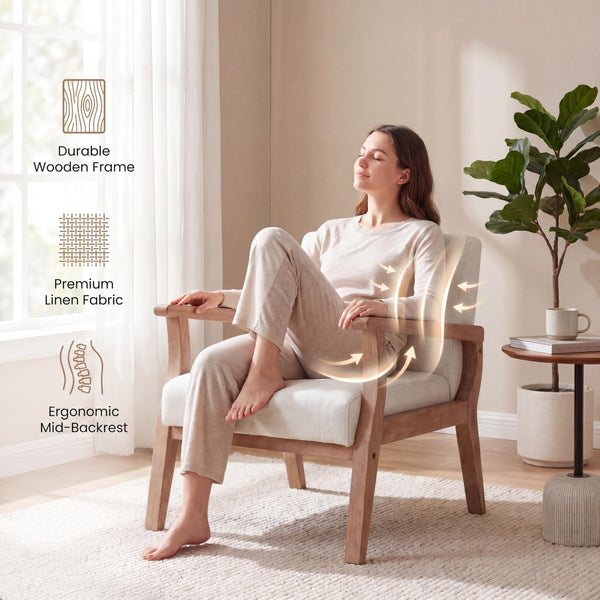 Mid-Century Modern Accent Chair – Beige Linen, Wood Frame