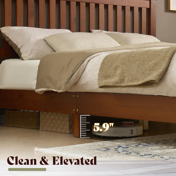 Queen Solid Wood Platform Bed Frame with Vertical Slats Headboard