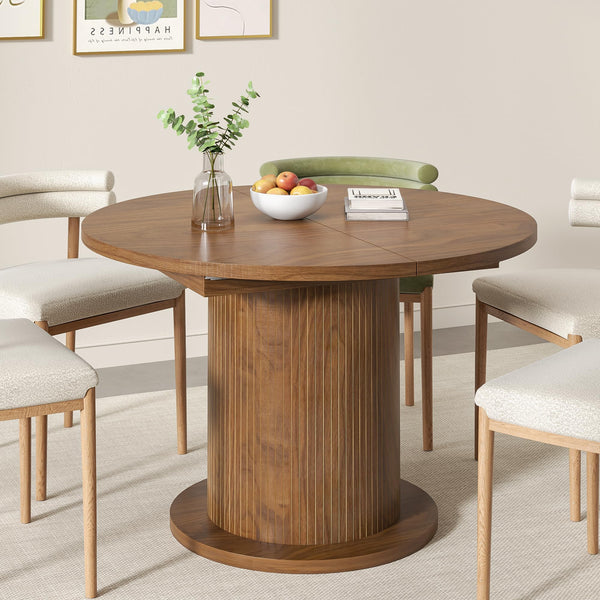 Adjustable Round Dining Table with Wood Strip Base