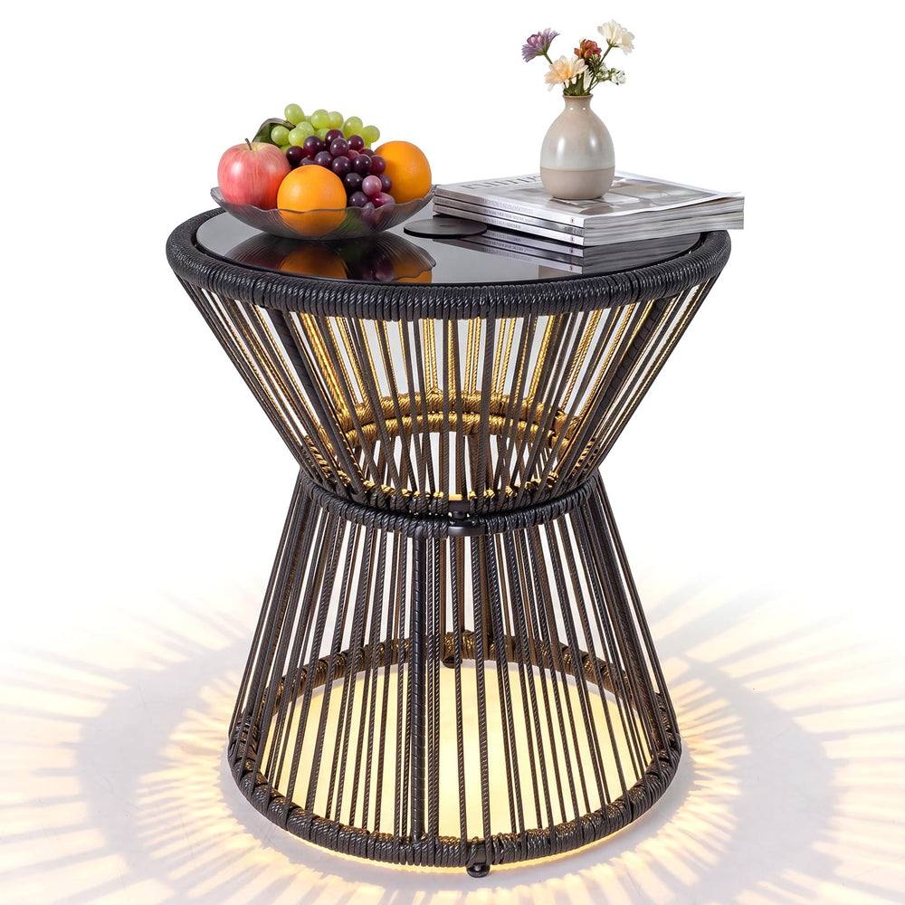 Wicker LED End Table with Tempered Glass Top