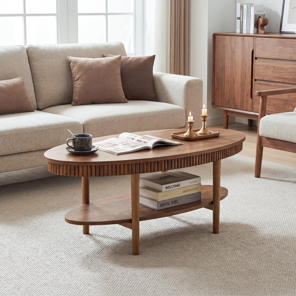 Oval Coffee Table with 2-Tier Storage Shelf