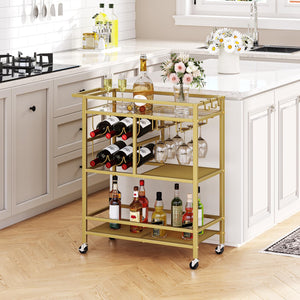 3-Tier Rolling Bar Cart with Wine Rack & Glass Holders