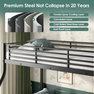 Twin XL Over Queen Bunk Bed – Heavy Duty Metal Frame with Guardrail