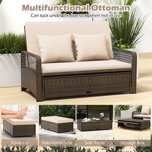 Patio Rattan Daybed Loveseat Set with Storage Ottoman & Cushions