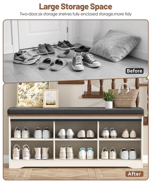 Farmhouse Shoe Bench with Cushion & Sliding Barn Doors