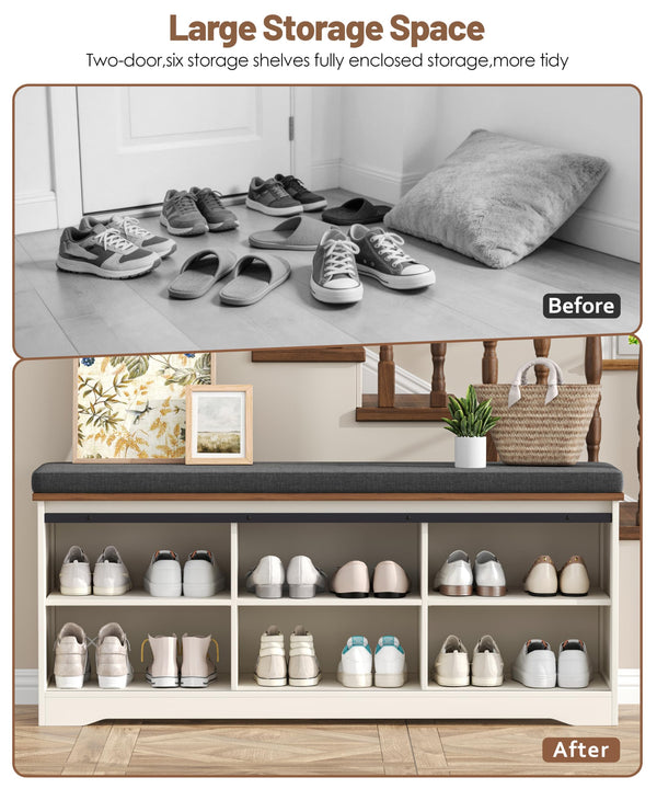 Farmhouse Shoe Bench with Cushion & Sliding Barn Doors