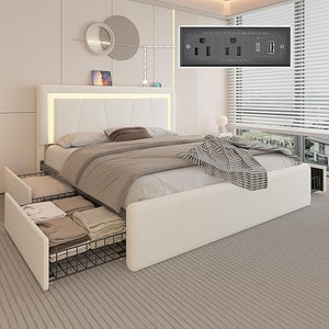Upholstered Platform Bed Frame with LED Headboard, Storage Drawers & Charging Station
