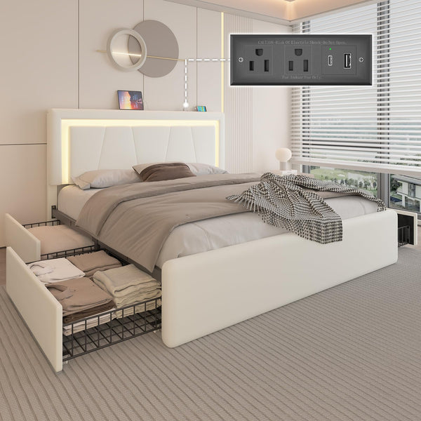 Upholstered Platform Bed Frame with LED Headboard, Storage Drawers & Charging Station