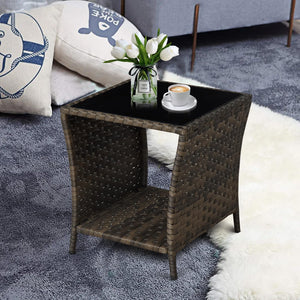 Outdoor Wicker Side Table with Glass Top