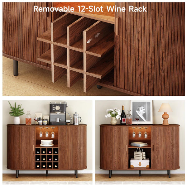 55" Wine Bar Cabinet with LED Light, Wine Rack & Glass Holder