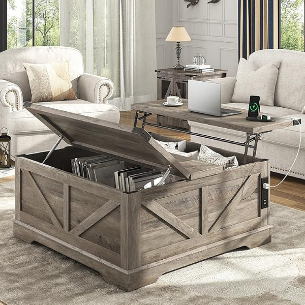 40" Square Lift Top Coffee Table with Power Outlets & Hidden Storage