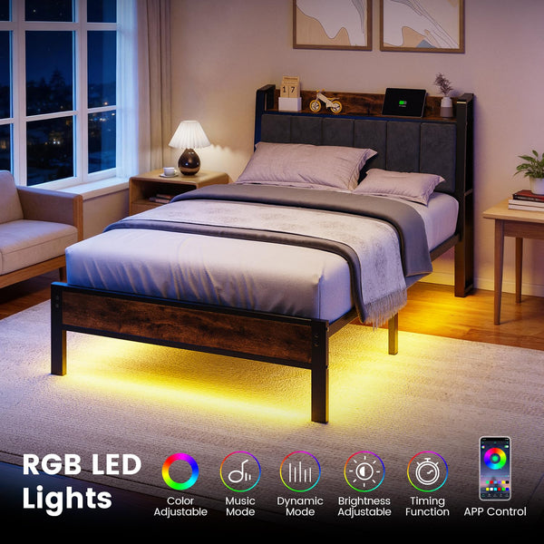 LED Platform Bed Frame with Storage Headboard & Charging Station