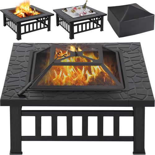 Square Metal Fire Pit 32-Inch Outdoor Wood Burning Firepit