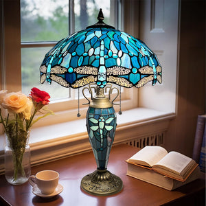 Tiffany Stained Glass Dragonfly Table Lamp with Nightlight