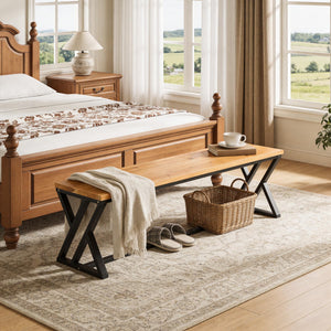 55" Solid Wood Entryway Bench with Metal Legs
