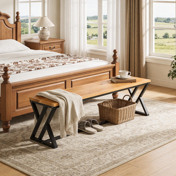 55" Solid Wood Entryway Bench with Metal Legs