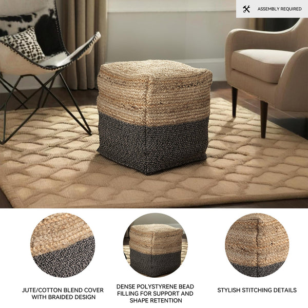 Jute Braided Pouf Ottoman – Brown & Black