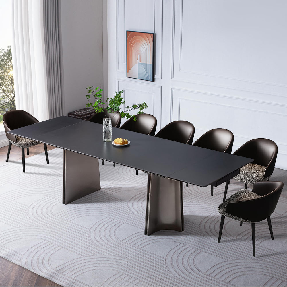 Extendable Dining Table for 8–12 Seats | Rock Plate & Tempered Glass Top | Stainless Steel Legs | Pure Black