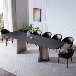 Extendable Dining Table for 8–12 Seats | Rock Plate & Tempered Glass Top | Stainless Steel Legs | Pure Black