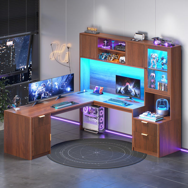 L-Shaped Desk with Hutch & RGB LED Lighting