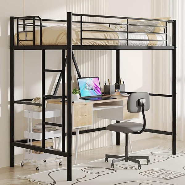 Twin Size Metal Loft Bed with Ladder & Guardrail