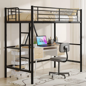 Twin Size Metal Loft Bed with Ladder & Safety Guardrail