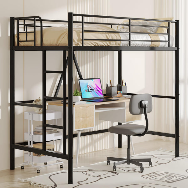 Twin Size Metal Loft Bed with Ladder & Safety Guardrail