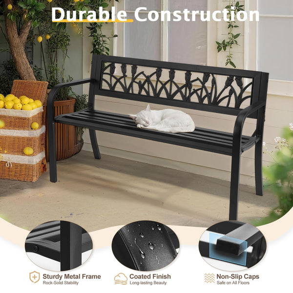 Outdoor Metal Patio Bench with Floral Backrest