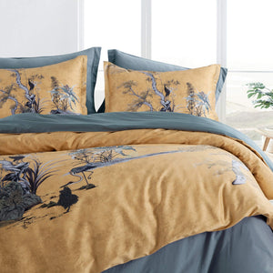 Chinoiserie Chic Duvet Cover Set — Botanical Print, 400TC Cotton Sateen (Ocher Shade, Queen)