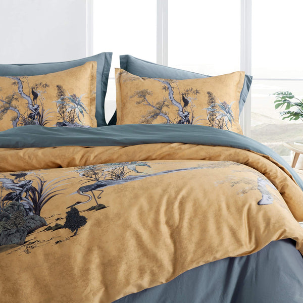 Chinoiserie Chic Duvet Cover Set — Botanical Print, 400TC Cotton Sateen (Ocher Shade, Queen)