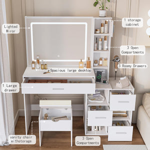 LED Lighted Vanity Desk with Sliding Cabinet, Drawers & Storage Stool