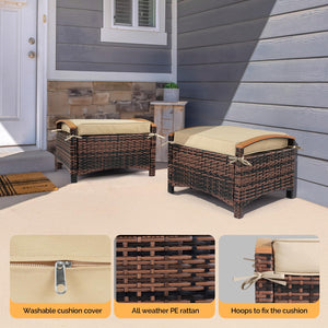 Outdoor Wicker Ottoman Set of 2 with Removable Cushions