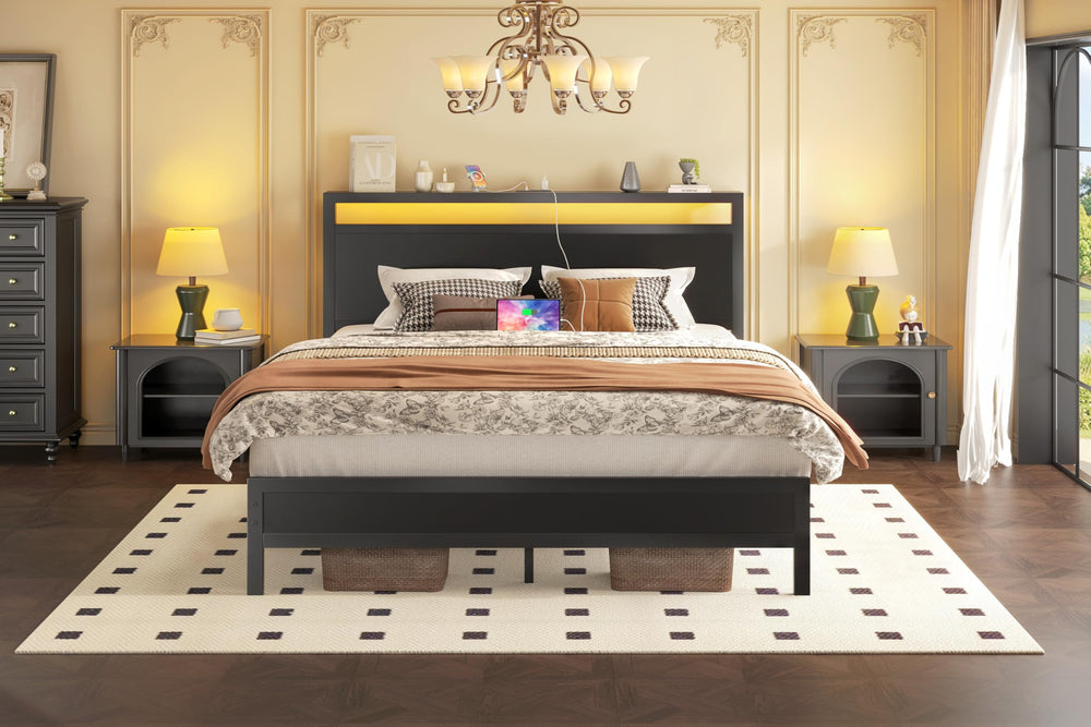 Queen Bed Frame with LED Headboard, Charging Station & Under-Bed Storage