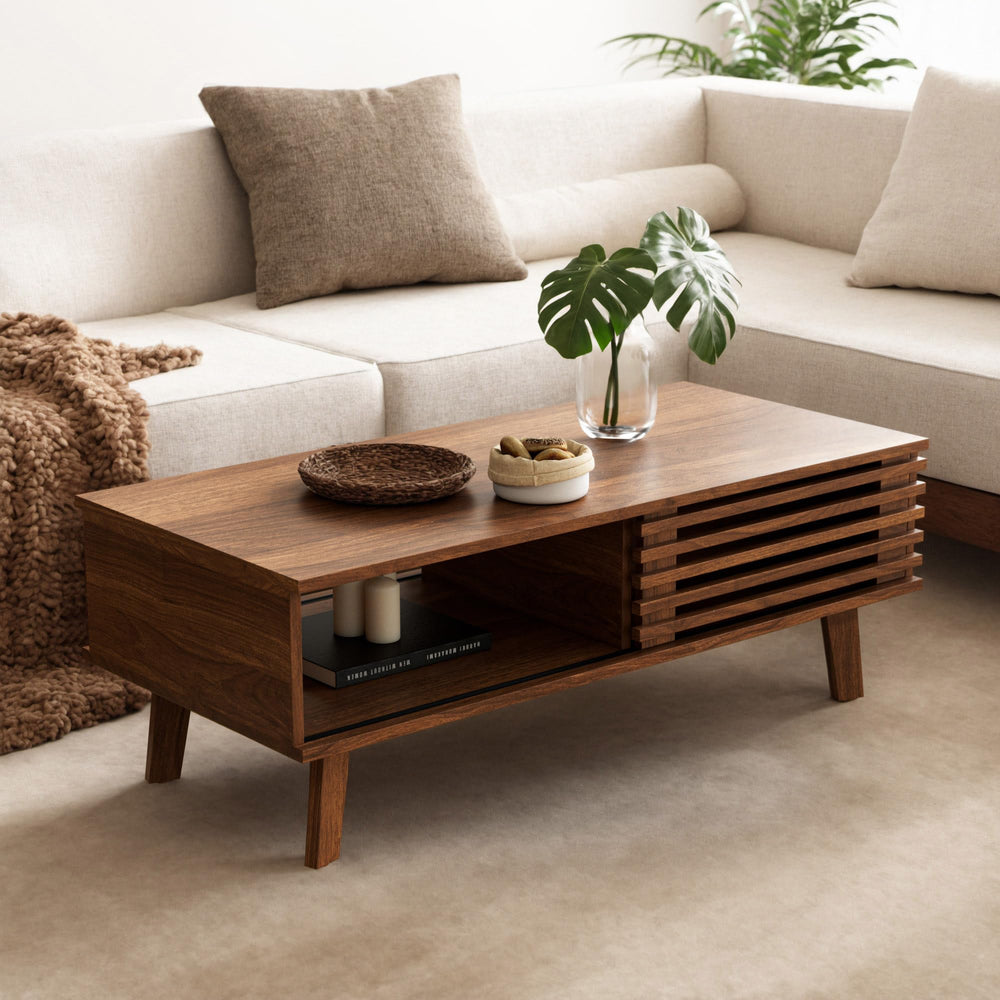 Mid-Century Coffee Table with Storage & Sliding Door